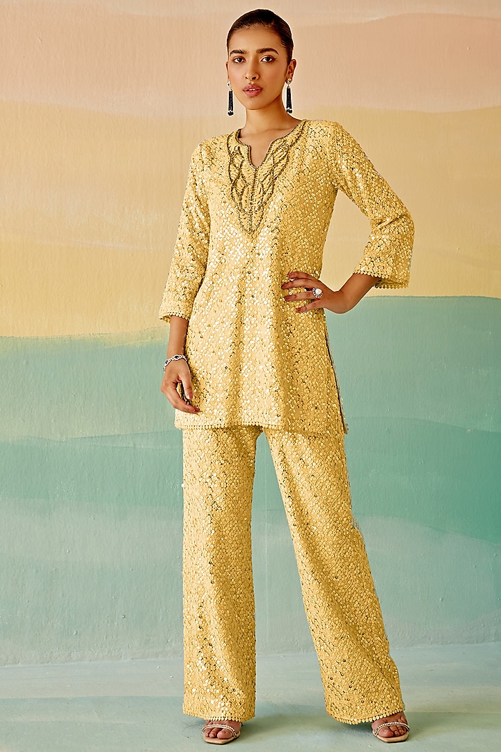 Lemon Yellow Georgette Embroidered Kurta Set by Mustard Moon by Neyha and Vrinda