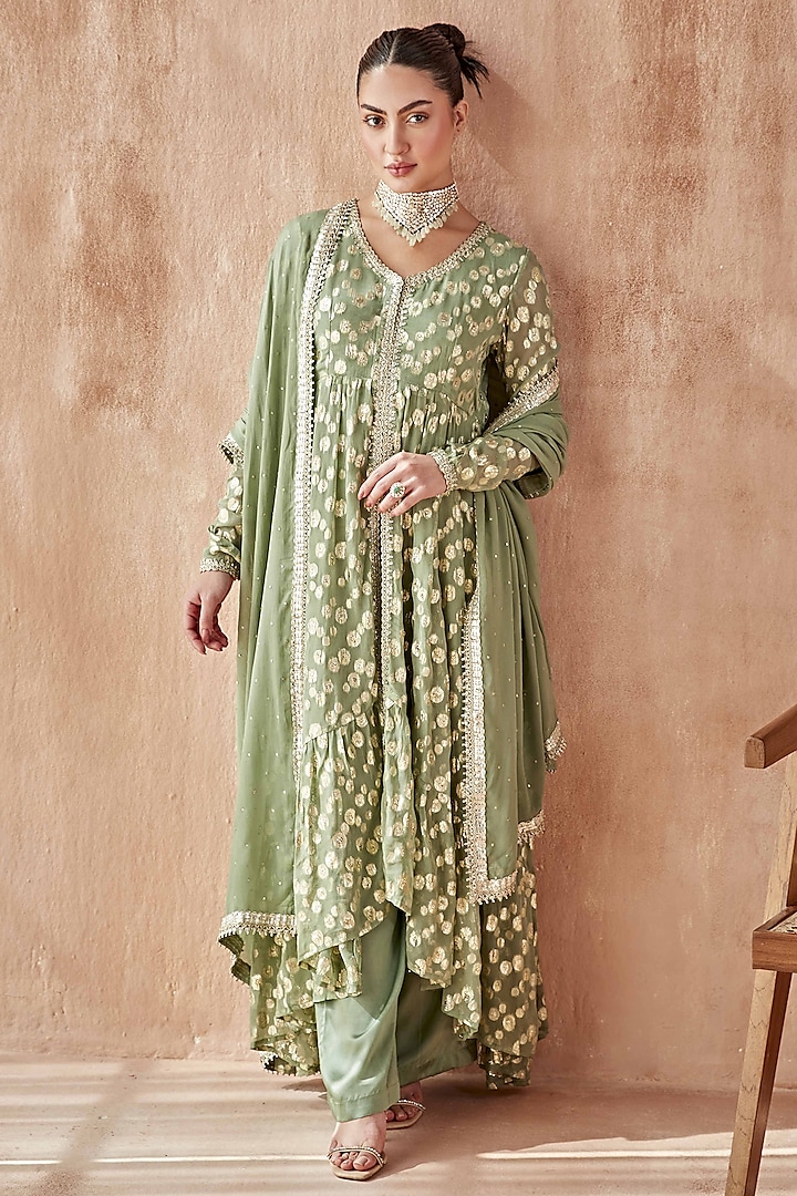 Sage Green Georgette Kurta Set by Mustard Moon by Neyha and Vrinda