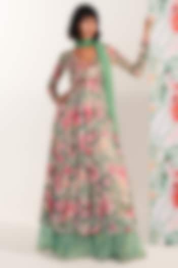 Green Chiffon Printed Long Kurta Set by Mustard Moon by Neyha and Vrinda at Pernia's Pop Up Shop