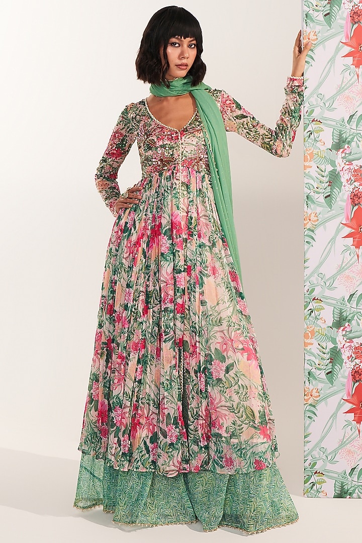 Green Chiffon Printed Long Kurta Set by Mustard Moon by Neyha and Vrinda at Pernia's Pop Up Shop