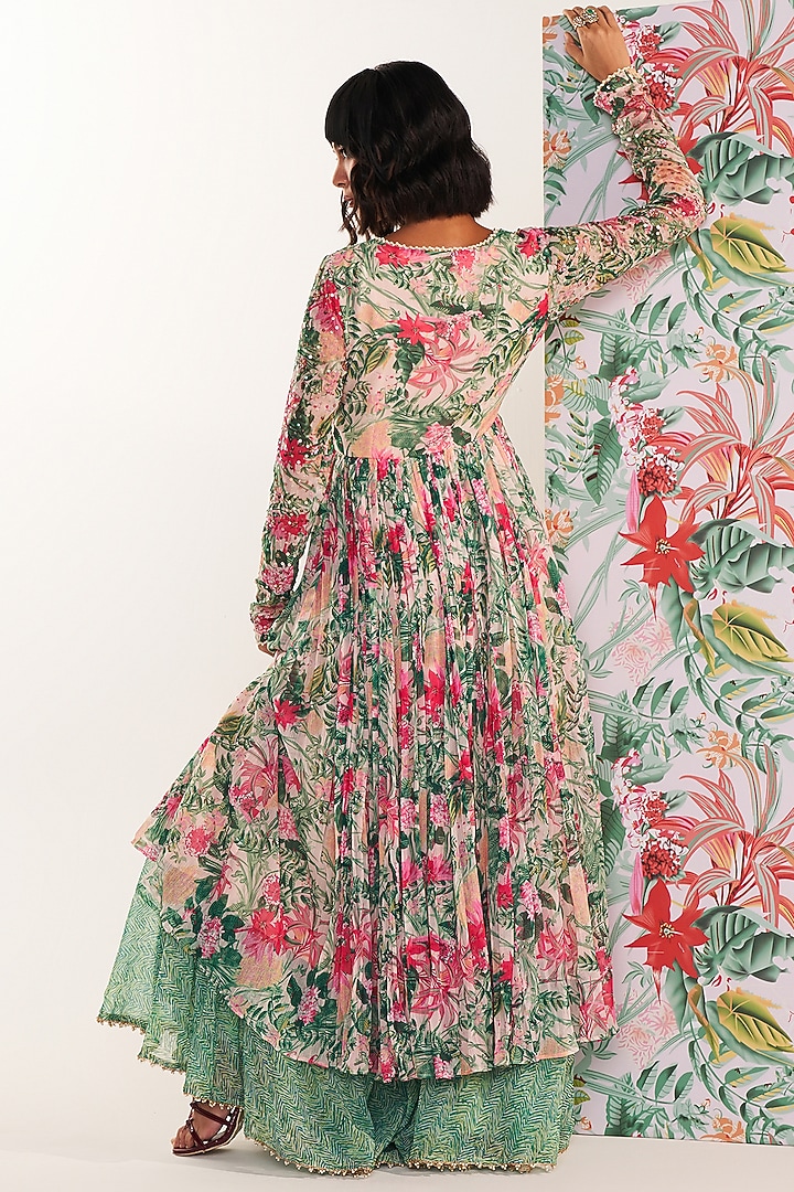Green Chiffon Printed Long Kurta Set by Mustard Moon by Neyha and Vrinda at Pernia's Pop Up Shop