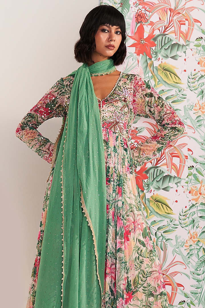 Green Chiffon Printed Long Kurta Set by Mustard Moon by Neyha and Vrinda at Pernia's Pop Up Shop