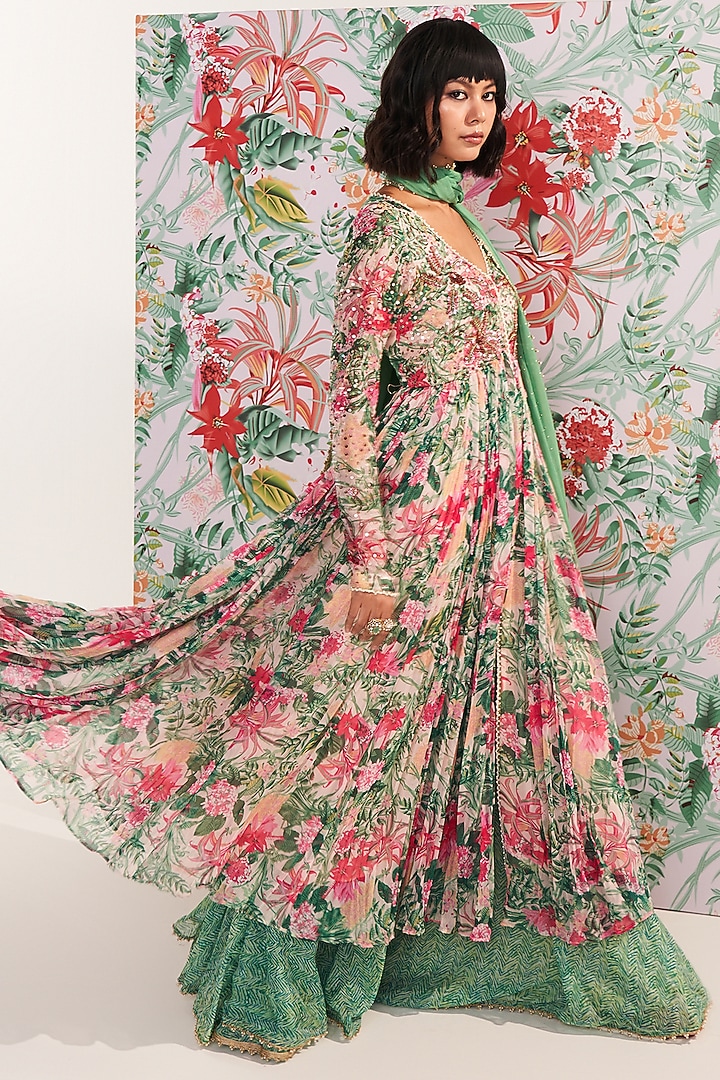 Green Chiffon Printed Long Kurta Set by Mustard Moon by Neyha and Vrinda at Pernia's Pop Up Shop