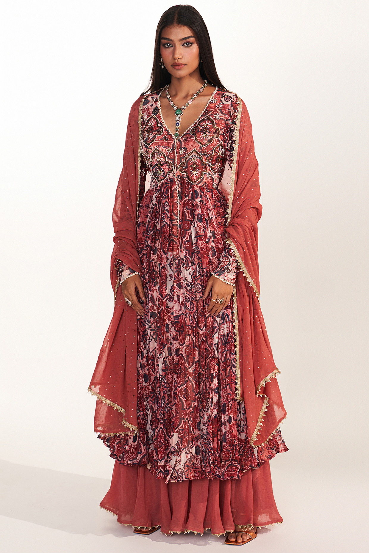 Rust Georgette Printed Long Kurta Set by Mustard Moon by Neyha and Vrinda at Pernia's Pop Up Shop
