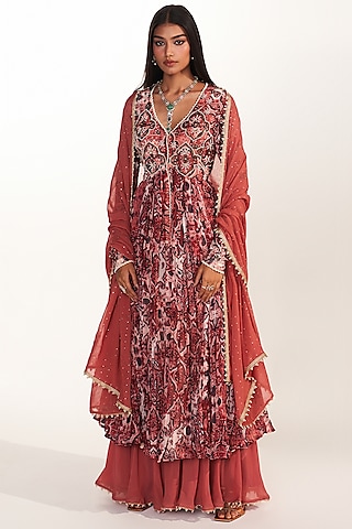 Rust Georgette Printed Long Kurta Set by Mustard Moon by Neyha and Vrinda