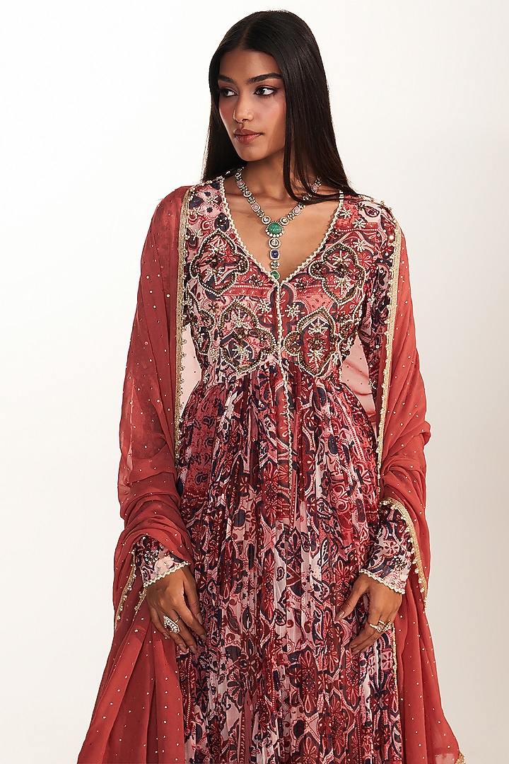 Rust Georgette Printed Long Kurta Set by Mustard Moon by Neyha and Vrinda at Pernia's Pop Up Shop