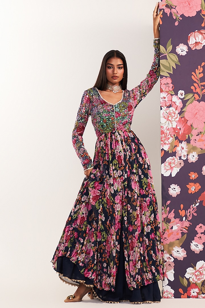 Blue Chiffon Printed Long Kurta Set by Mustard Moon by Neyha and Vrinda at Pernia's Pop Up Shop