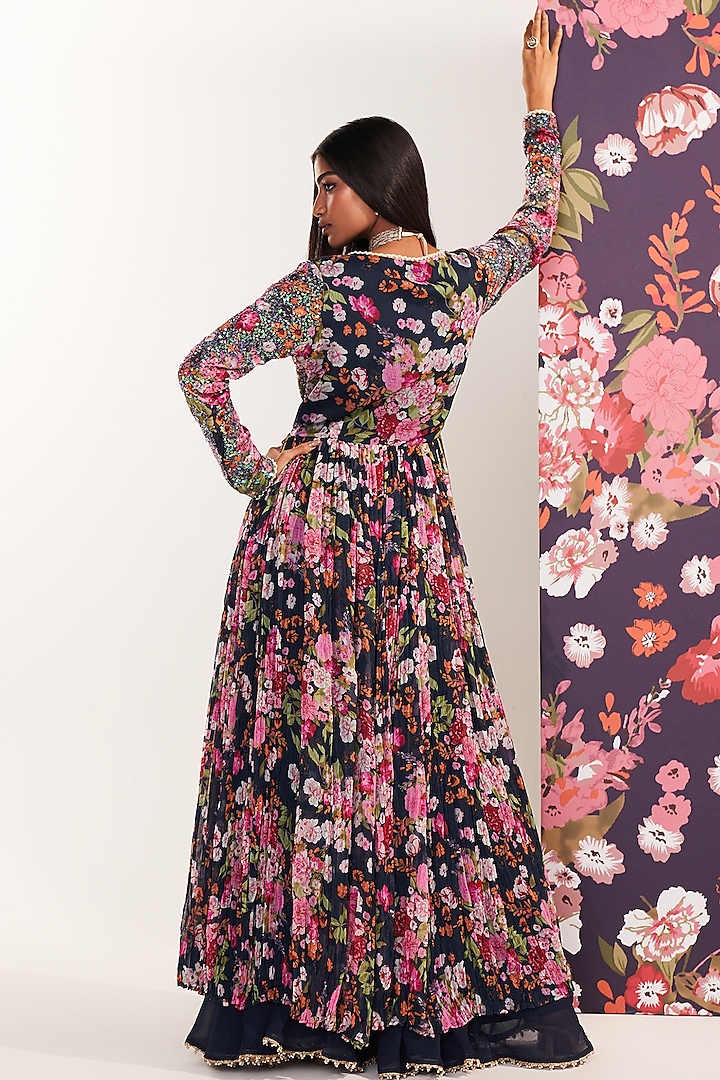 Blue Chiffon Printed Long Kurta Set by Mustard Moon by Neyha and Vrinda at Pernia's Pop Up Shop