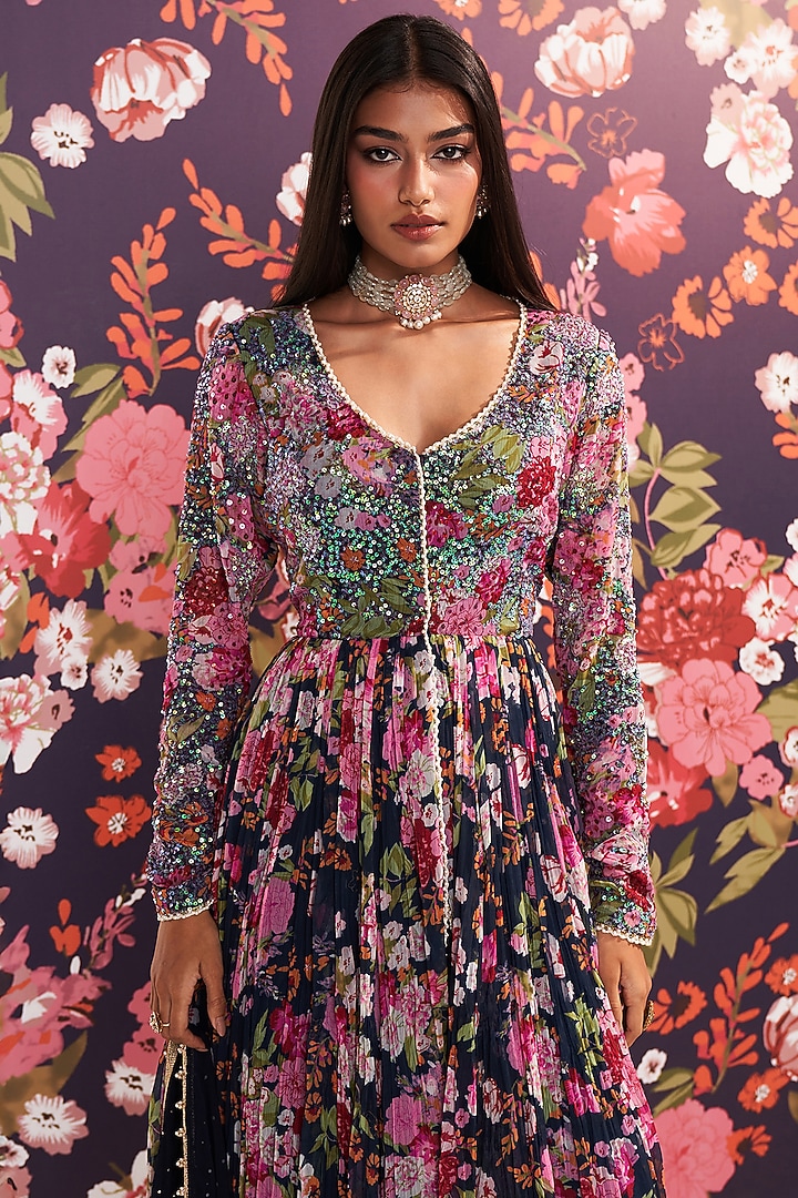Blue Chiffon Printed Long Kurta Set by Mustard Moon by Neyha and Vrinda at Pernia's Pop Up Shop
