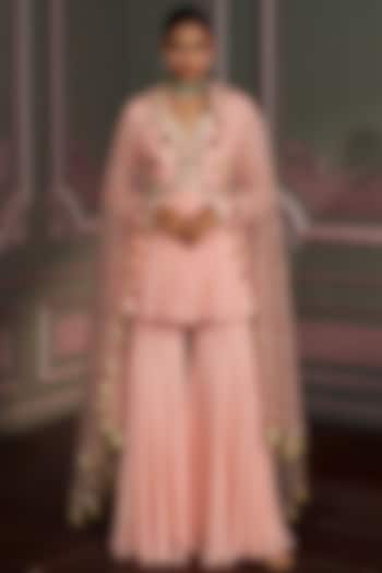 Rose Pink Georgette Bead Hand Work Wedding Sharara Set by Mustard Moon by Neyha and Vrinda at Pernia's Pop Up Shop