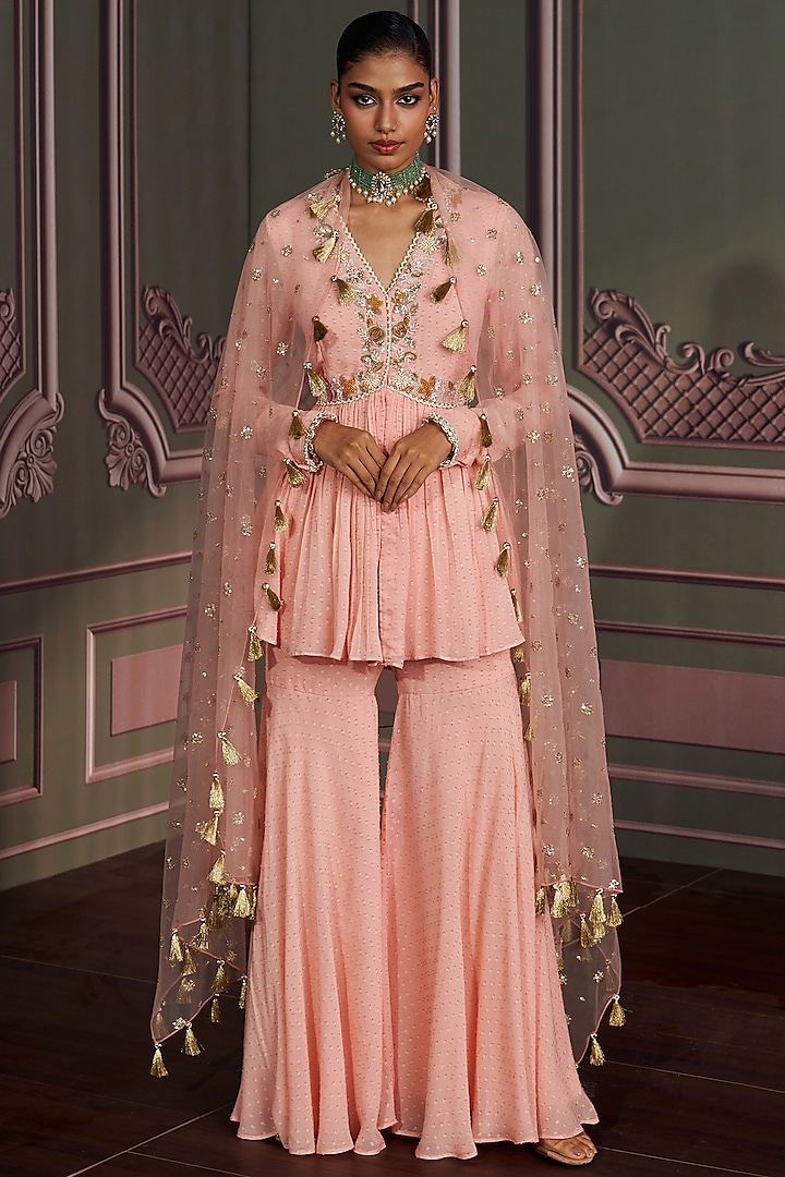 Rose Pink Georgette Bead Hand Work Wedding Sharara Set by Mustard Moon by Neyha and Vrinda at Pernia's Pop Up Shop
