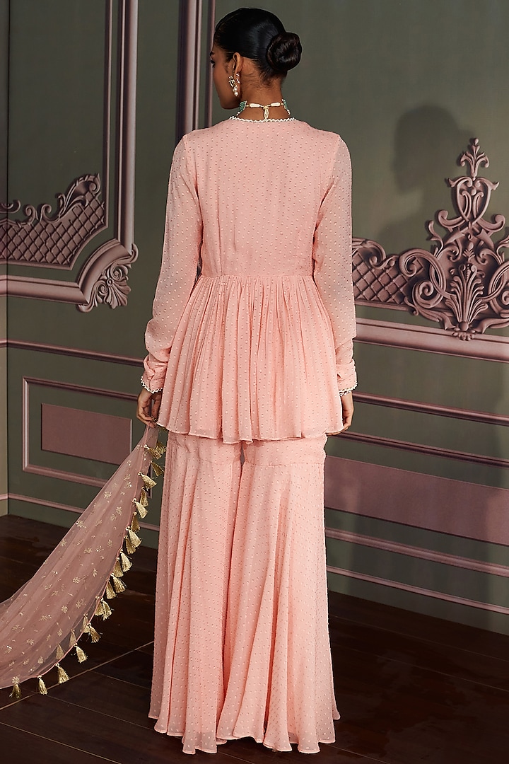 Rose Pink Georgette Bead Hand Work Wedding Sharara Set by Mustard Moon by Neyha and Vrinda at Pernia's Pop Up Shop