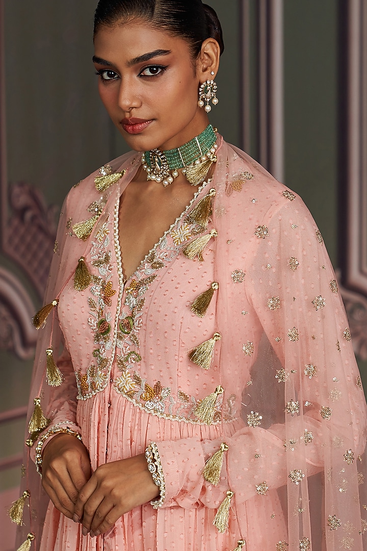 Rose Pink Georgette Bead Hand Work Wedding Sharara Set by Mustard Moon by Neyha and Vrinda at Pernia's Pop Up Shop