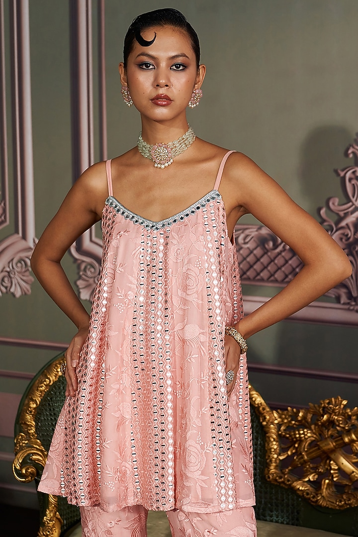 Rose Pink Georgette Thread Work Kurta Set by Mustard Moon by Neyha and Vrinda at Pernia's Pop Up Shop