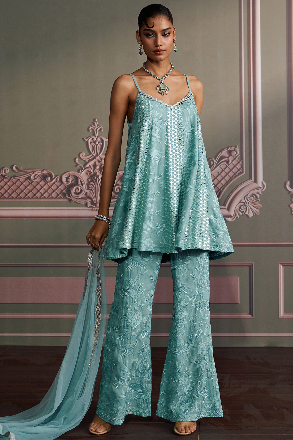 Blue Georgette Thread Work Kurta Set by Mustard Moon by Neyha and Vrinda at Pernia's Pop Up Shop