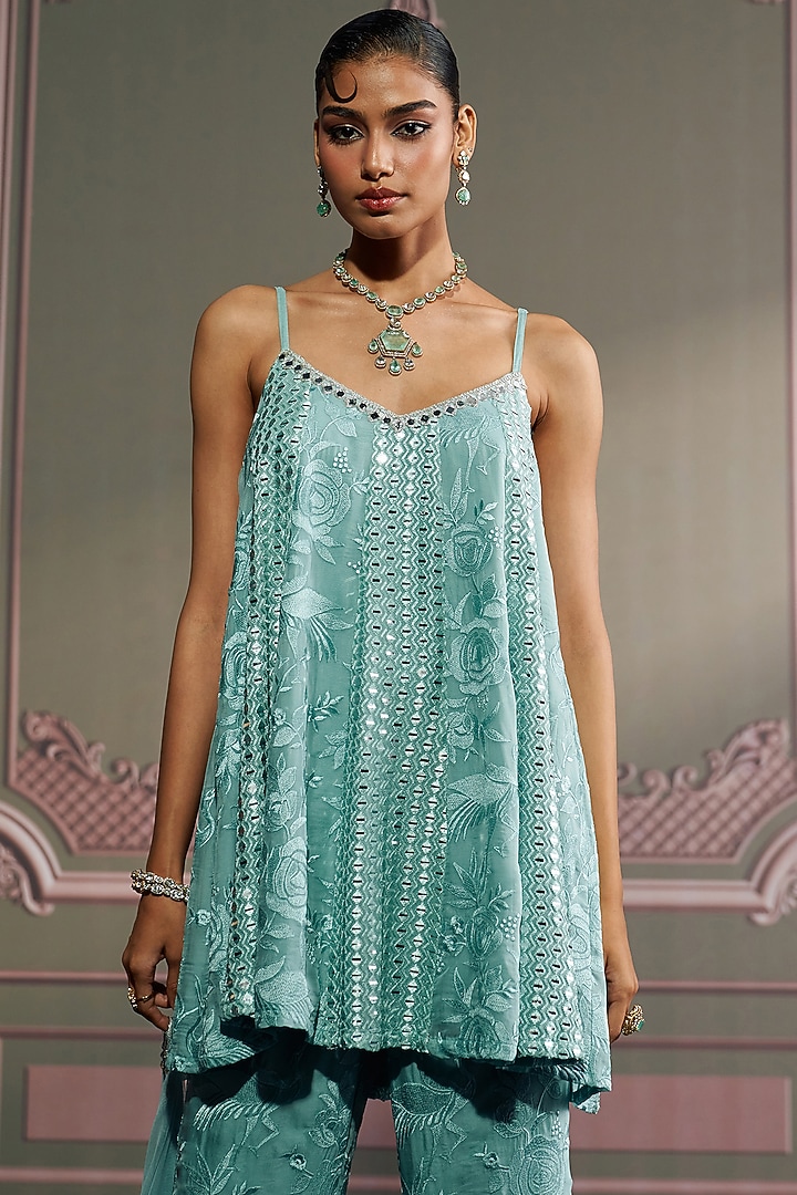 Blue Georgette Thread Work Kurta Set by Mustard Moon by Neyha and Vrinda at Pernia's Pop Up Shop