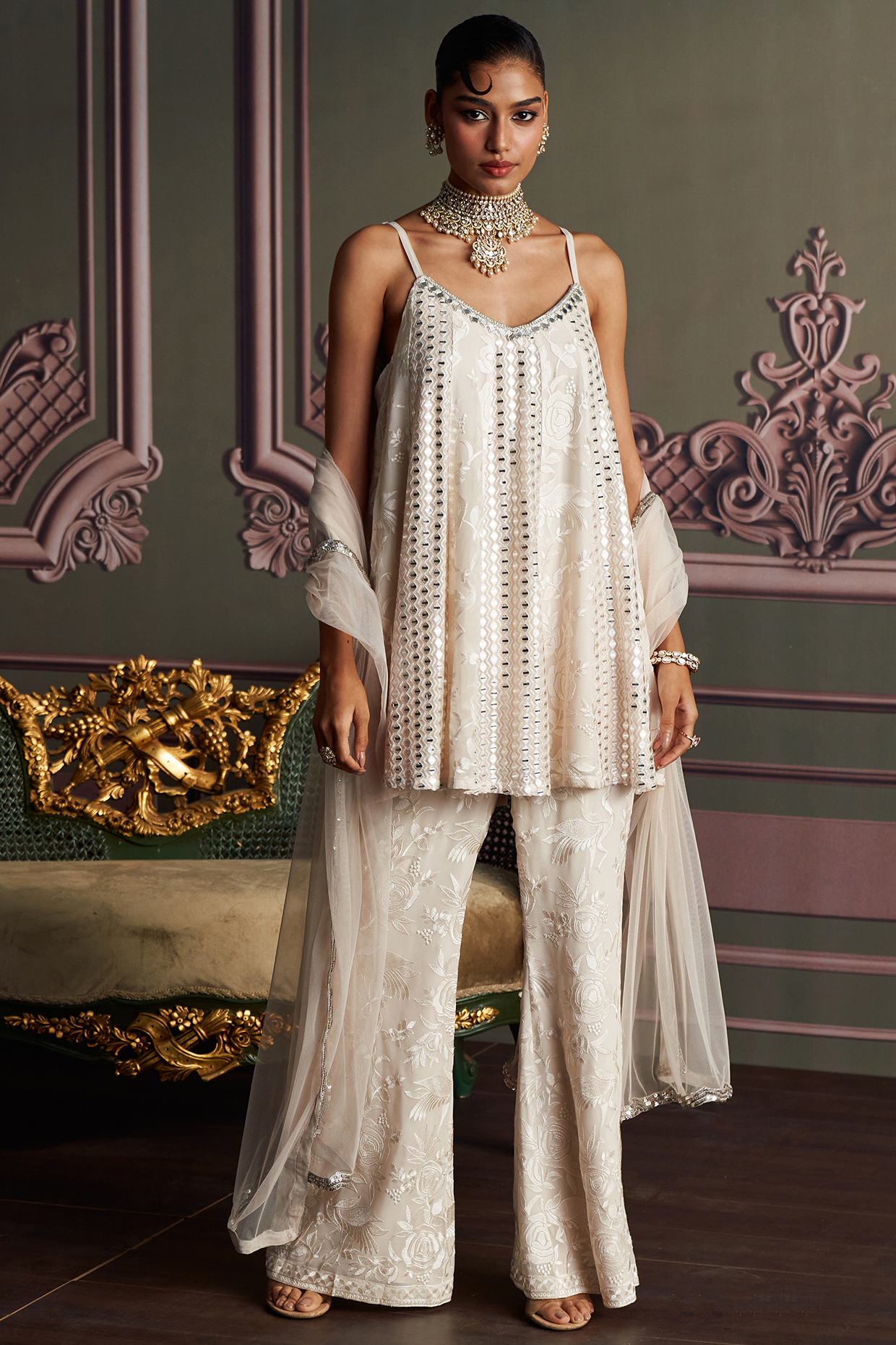 Ivory Georgette Thread Work Kurta Set by Mustard Moon by Neyha and Vrinda at Pernia's Pop Up Shop