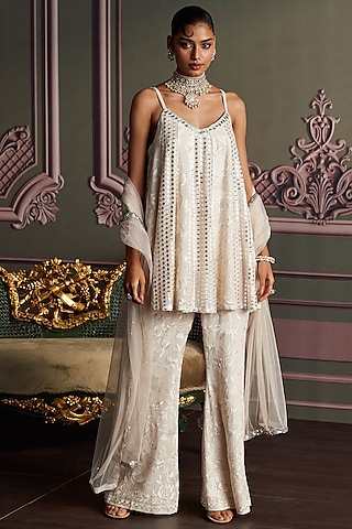 Ivory Georgette Thread Work Kurta Set by Mustard Moon by Neyha and Vrinda