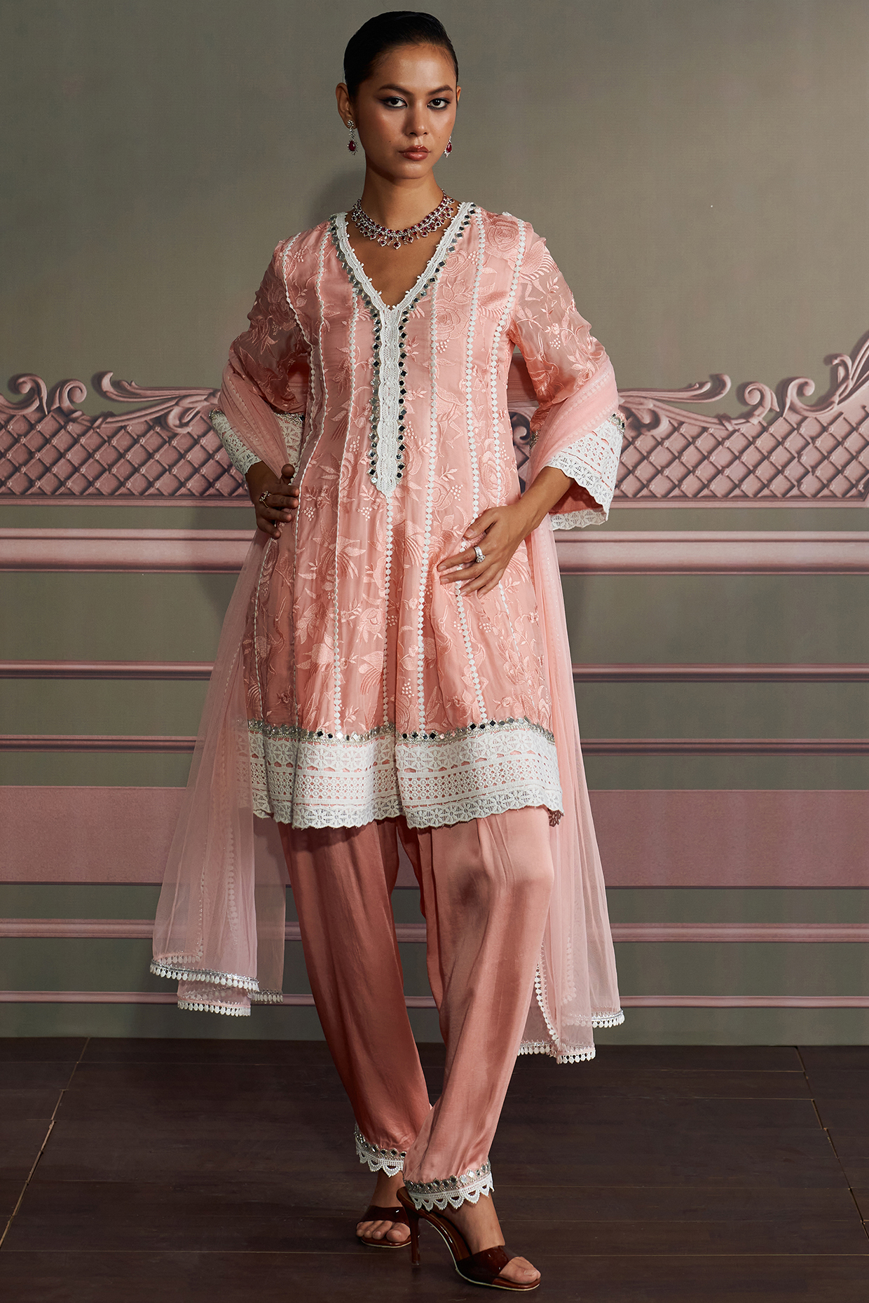 Rose Pink Georgette Thread Embroidered Flared kurta Set by Mustard Moon by Neyha and Vrinda at Pernia's Pop Up Shop