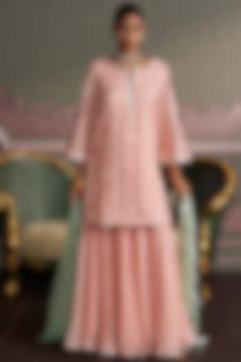Rose Pink Georgette Thread Embroidered Wedding Sharara Set by Mustard Moon by Neyha and Vrinda at Pernia's Pop Up Shop