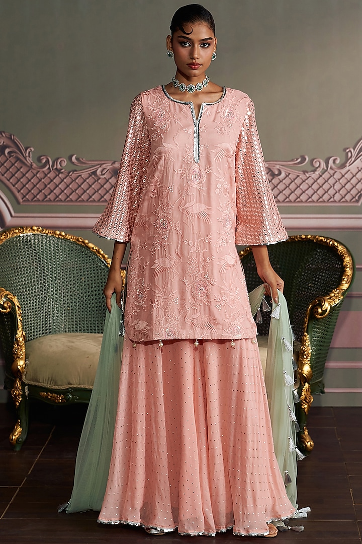 Rose Pink Georgette Thread Embroidered Wedding Sharara Set by Mustard Moon by Neyha and Vrinda at Pernia's Pop Up Shop