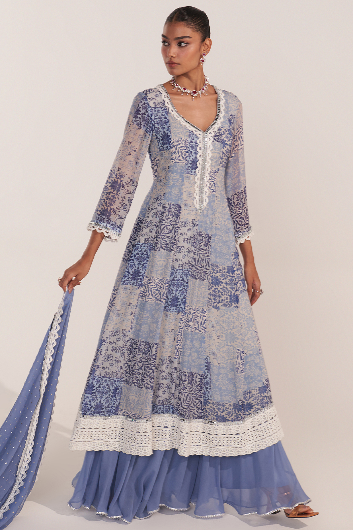 Blue Georgette Patch Printed Party Wear Anarkali Set by Mustard Moon by Neyha and Vrinda at Pernia's Pop Up Shop
