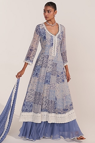 Blue Georgette Patch Printed Anarkali Set by Mustard Moon by Neyha and Vrinda