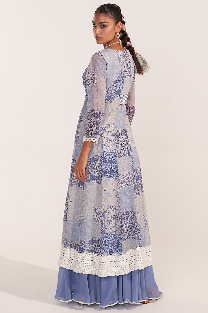 Blue Georgette Patch Printed Party Wear Anarkali Set by Mustard Moon by Neyha and Vrinda at Pernia's Pop Up Shop