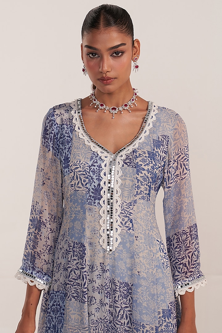 Blue Georgette Patch Printed Party Wear Anarkali Set by Mustard Moon by Neyha and Vrinda at Pernia's Pop Up Shop