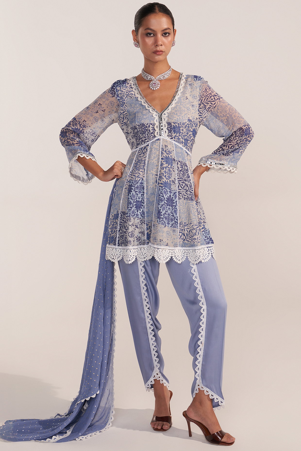 Blue Georgette Patch Printed Kurta Set by Mustard Moon by Neyha and Vrinda at Pernia's Pop Up Shop