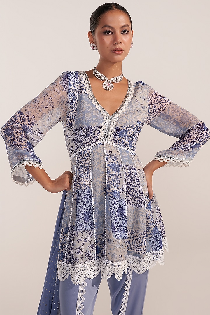 Blue Georgette Patch Printed Kurta Set by Mustard Moon by Neyha and Vrinda at Pernia's Pop Up Shop