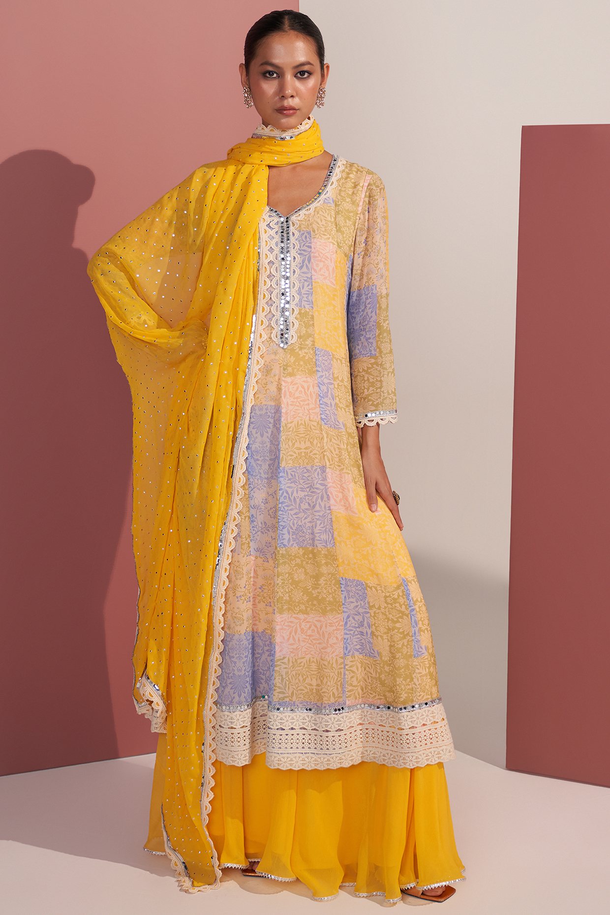 Yellow Georgette Patch Printed Party Wear Anarkali Set by Mustard Moon by Neyha and Vrinda at Pernia's Pop Up Shop