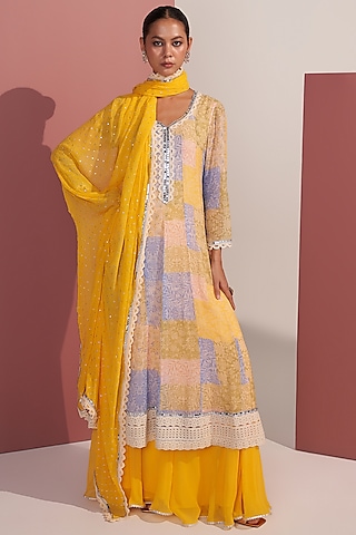 Yellow Georgette Patch Printed Anarkali Set by Mustard Moon by Neyha and Vrinda