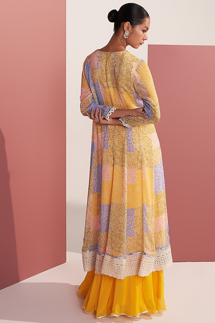 Yellow Georgette Patch Printed Party Wear Anarkali Set by Mustard Moon by Neyha and Vrinda at Pernia's Pop Up Shop