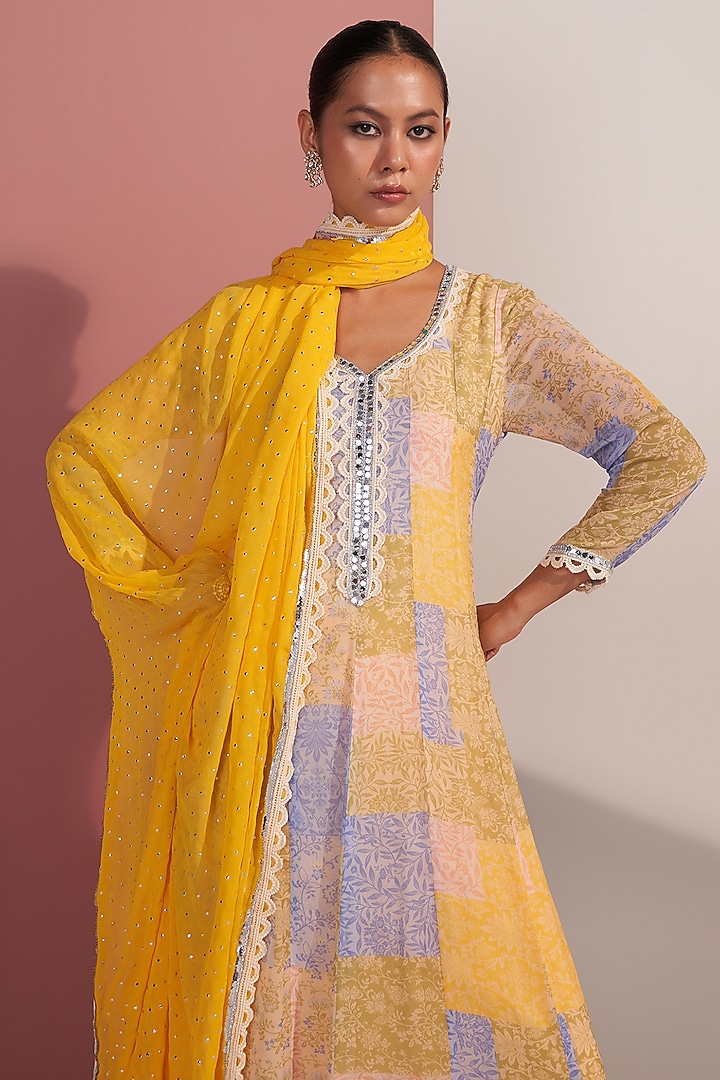 Yellow Georgette Patch Printed Party Wear Anarkali Set by Mustard Moon by Neyha and Vrinda at Pernia's Pop Up Shop