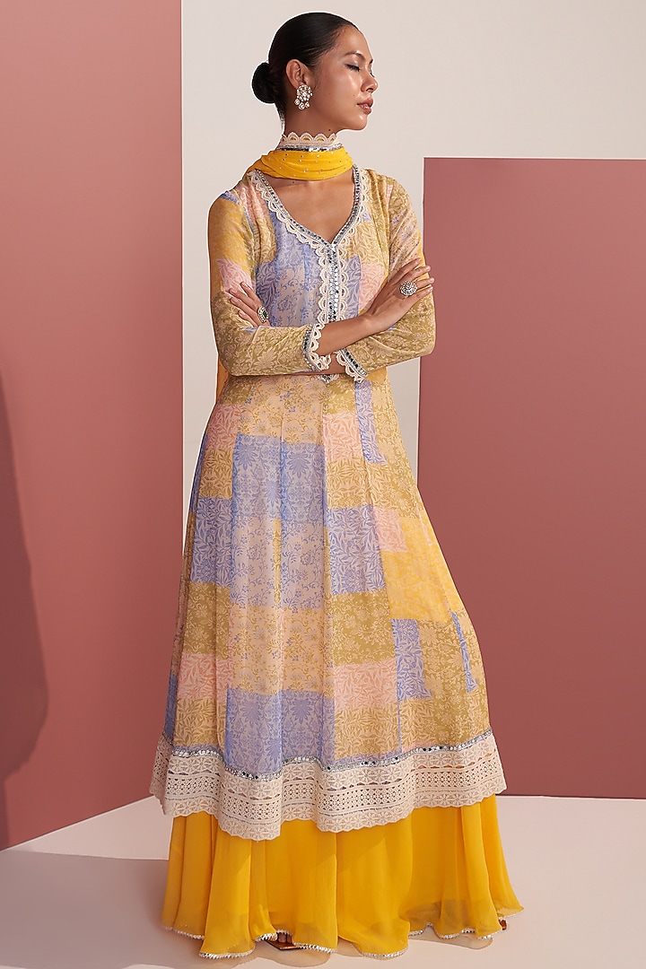 Yellow Georgette Patch Printed Party Wear Anarkali Set by Mustard Moon by Neyha and Vrinda at Pernia's Pop Up Shop