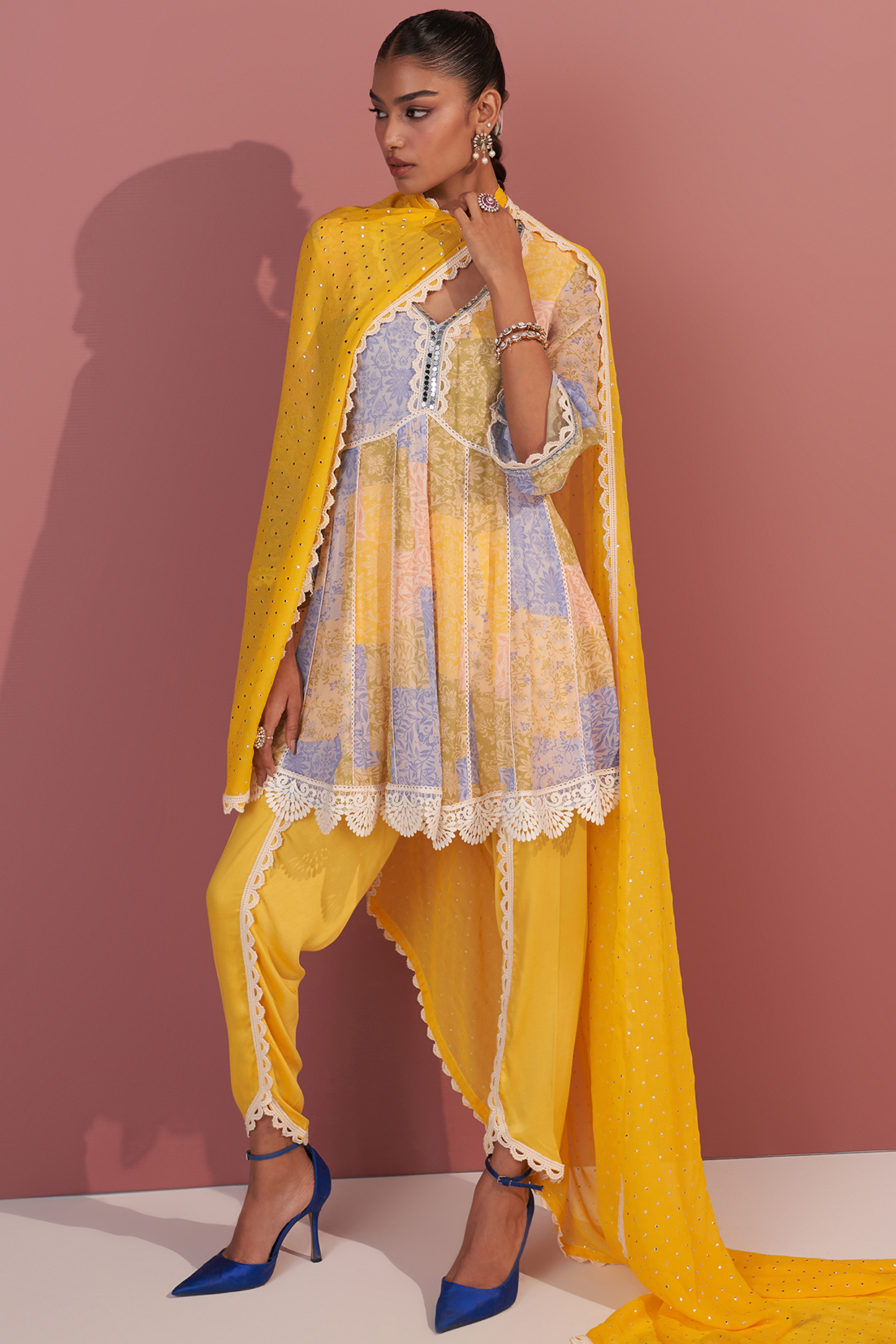 Yellow Georgette Patch Printed Kurta Set by Mustard Moon by Neyha and Vrinda at Pernia's Pop Up Shop
