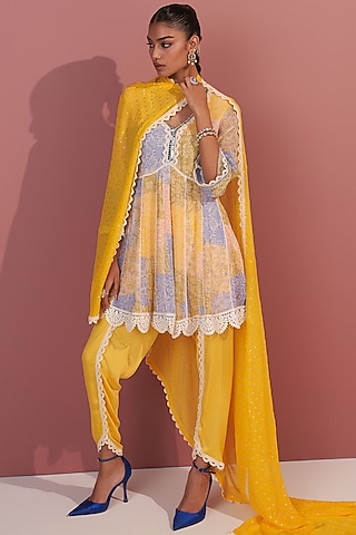 Yellow Georgette Patch Printed Kurta Set by Mustard Moon by Neyha and Vrinda
