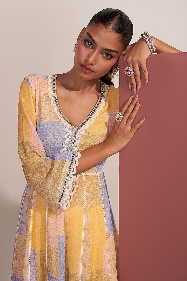 Yellow Georgette Patch Printed Kurta Set by Mustard Moon by Neyha and Vrinda at Pernia's Pop Up Shop