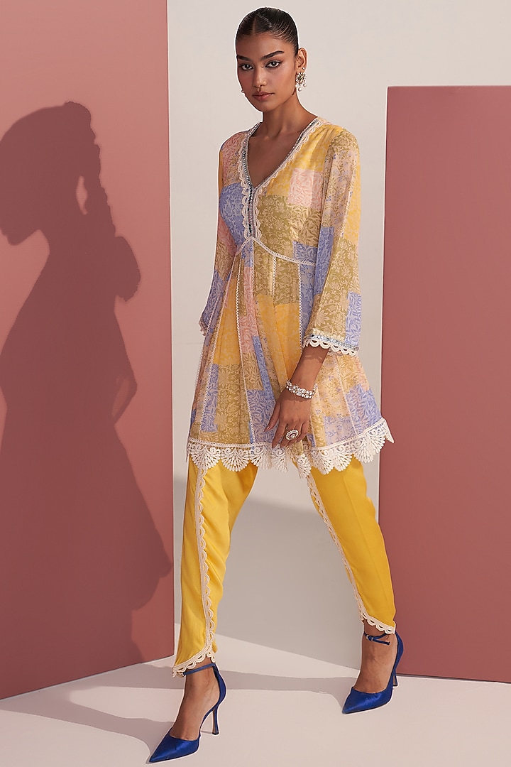 Yellow Georgette Patch Printed Kurta Set by Mustard Moon by Neyha and Vrinda at Pernia's Pop Up Shop