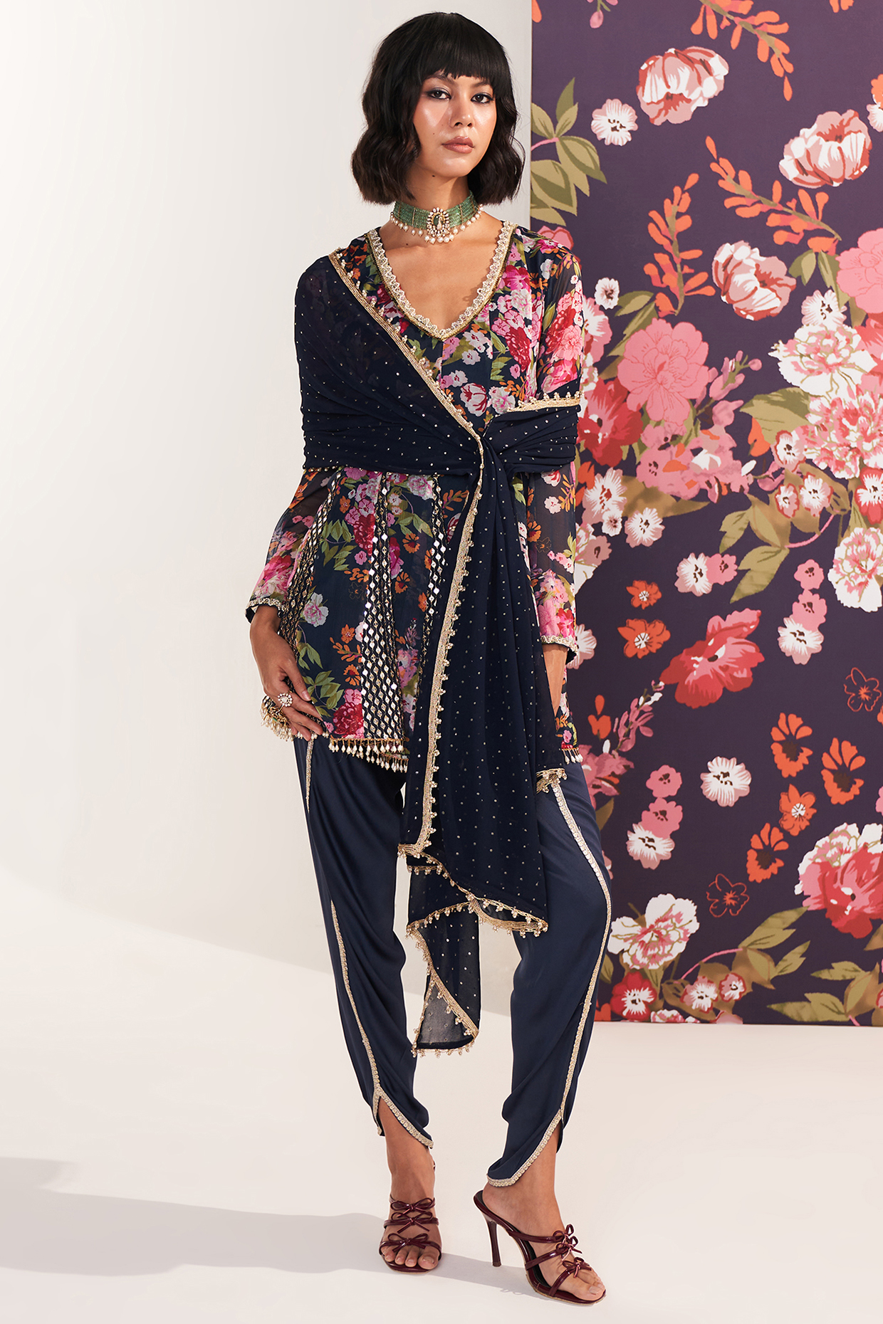 Blue Georgette Printed & Sequins Embroidered Kurta Set by Mustard Moon by Neyha and Vrinda at Pernia's Pop Up Shop