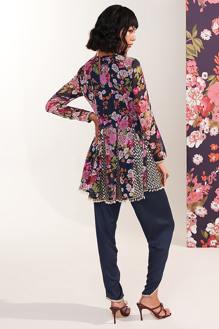 Blue Georgette Printed & Sequins Embroidered Kurta Set by Mustard Moon by Neyha and Vrinda at Pernia's Pop Up Shop