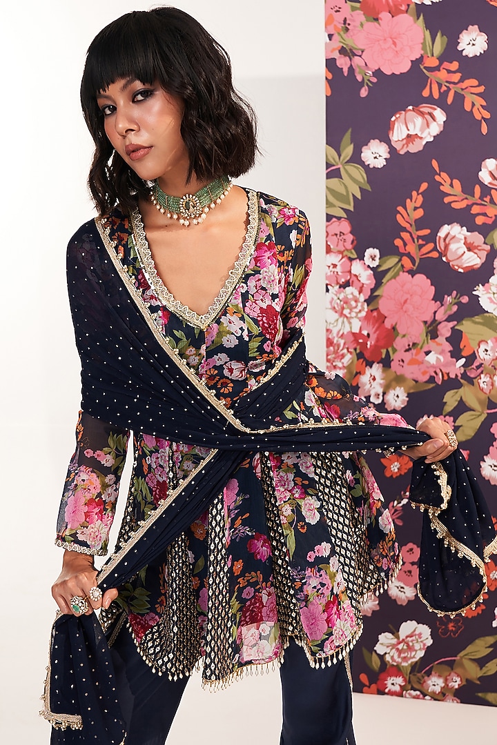 Blue Georgette Printed & Sequins Embroidered Kurta Set by Mustard Moon by Neyha and Vrinda at Pernia's Pop Up Shop