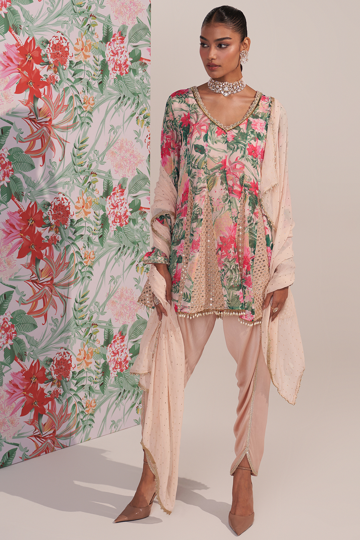 Green Georgette Printed & Sequins Embroidered Kurta Set by Mustard Moon by Neyha and Vrinda at Pernia's Pop Up Shop