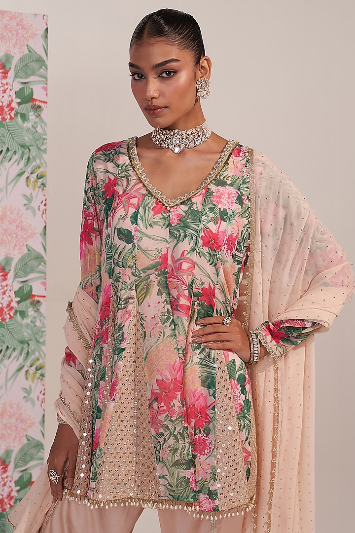 Green Georgette Printed & Sequins Embroidered Kurta Set by Mustard Moon by Neyha and Vrinda at Pernia's Pop Up Shop