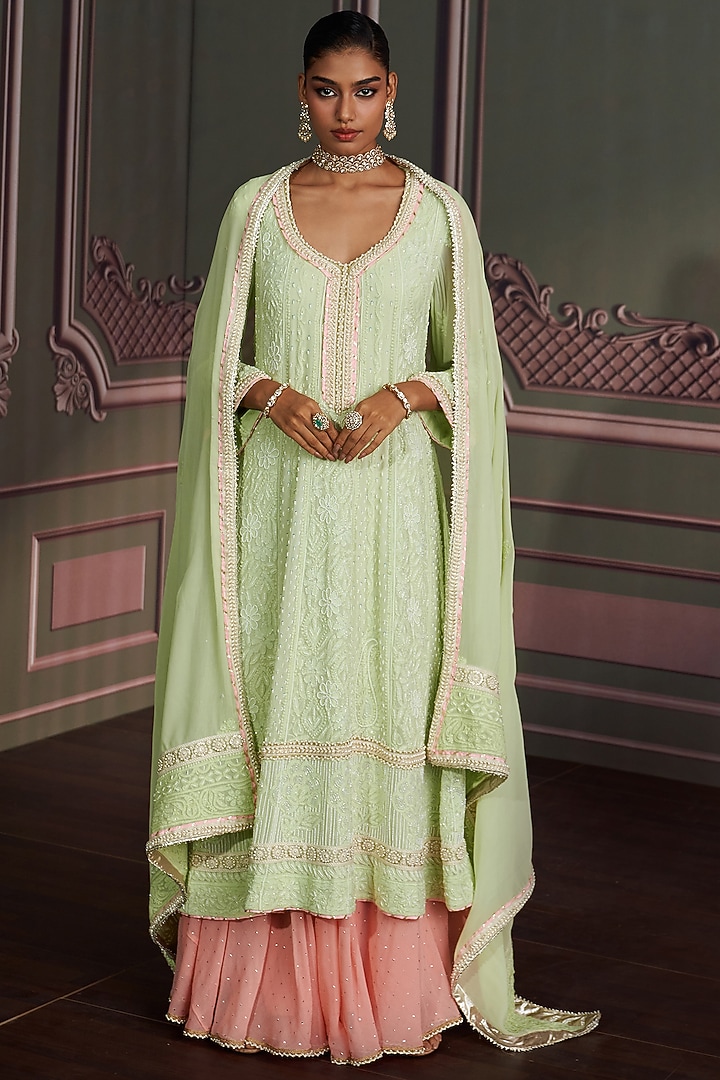 Lime Green Georgette Chikankari Hand Embroidered Wedding Anarkali Set by Mustard Moon by Neyha and Vrinda at Pernia's Pop Up Shop