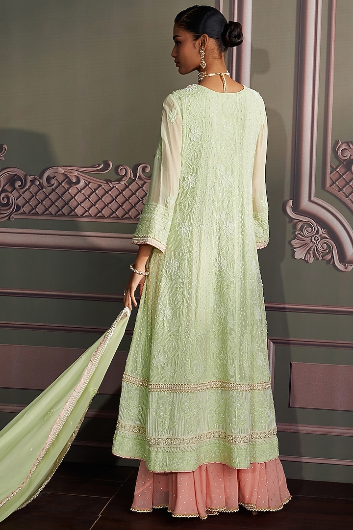 Lime Green Georgette Chikankari Hand Embroidered Wedding Anarkali Set by Mustard Moon by Neyha and Vrinda at Pernia's Pop Up Shop