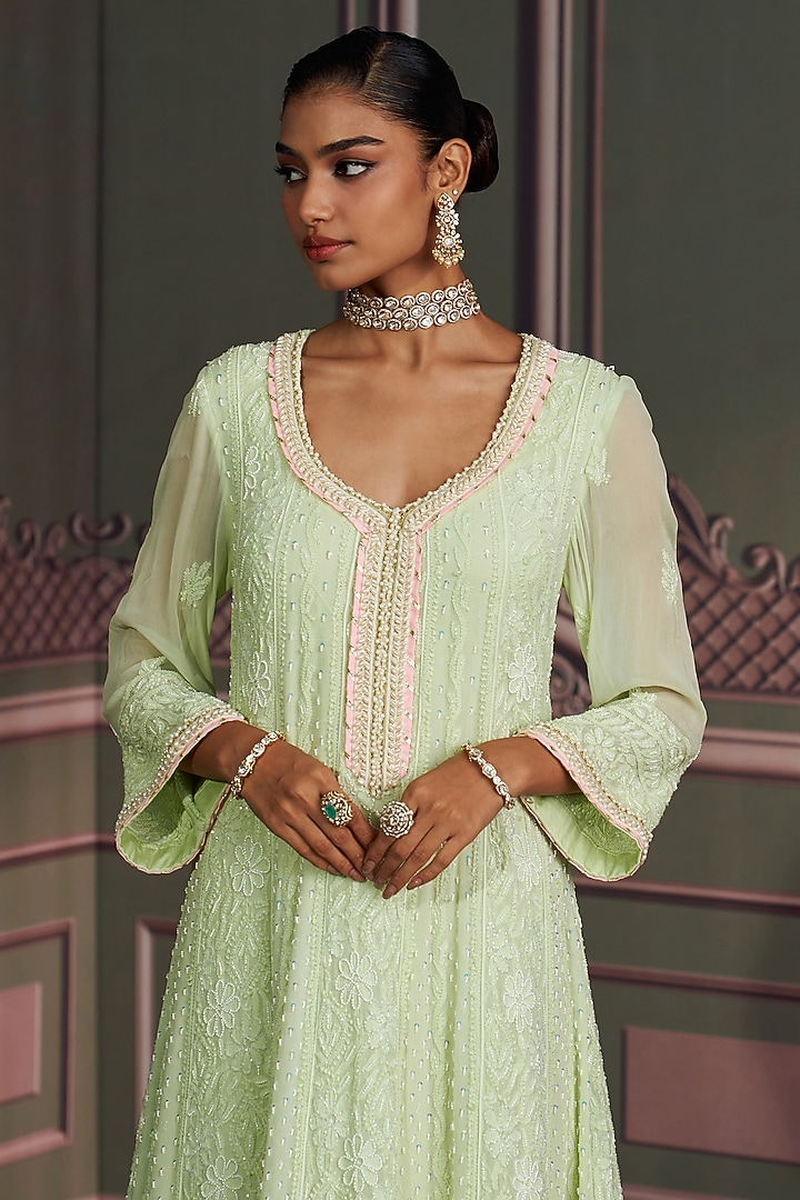 Lime Green Georgette Chikankari Hand Embroidered Wedding Anarkali Set by Mustard Moon by Neyha and Vrinda at Pernia's Pop Up Shop