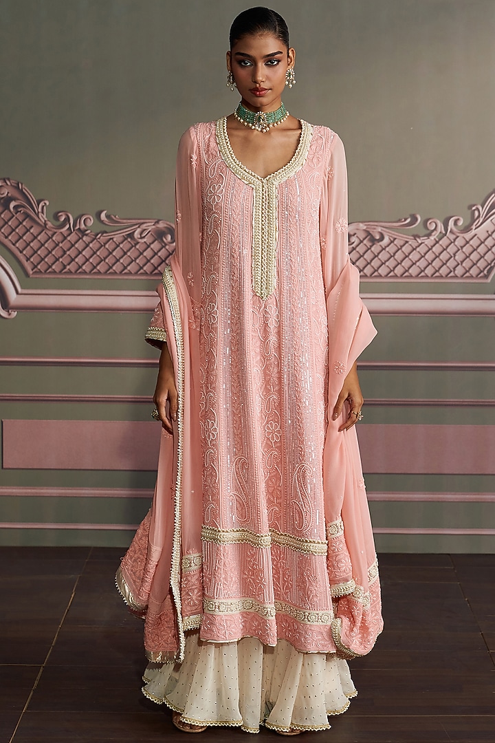 Rose Pink Georgette Chikankari Hand Embroidered Wedding Anarkali Set by Mustard Moon by Neyha and Vrinda at Pernia's Pop Up Shop