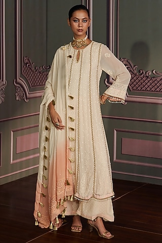 Ivory Georgette Chikankari Embroidered A-Line Kurta Set by Mustard Moon by Neyha and Vrinda